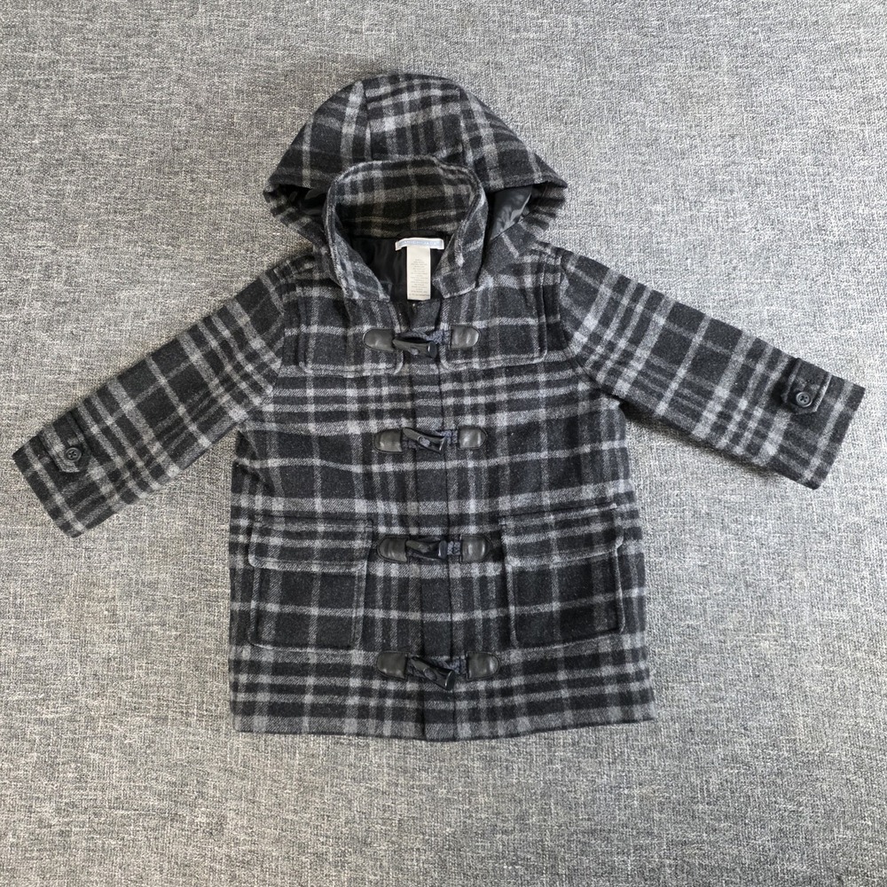 Janie and Jack Kids Black Gray Plaid Wool Blend Hooded Toggle Duffle Coat 12-24M